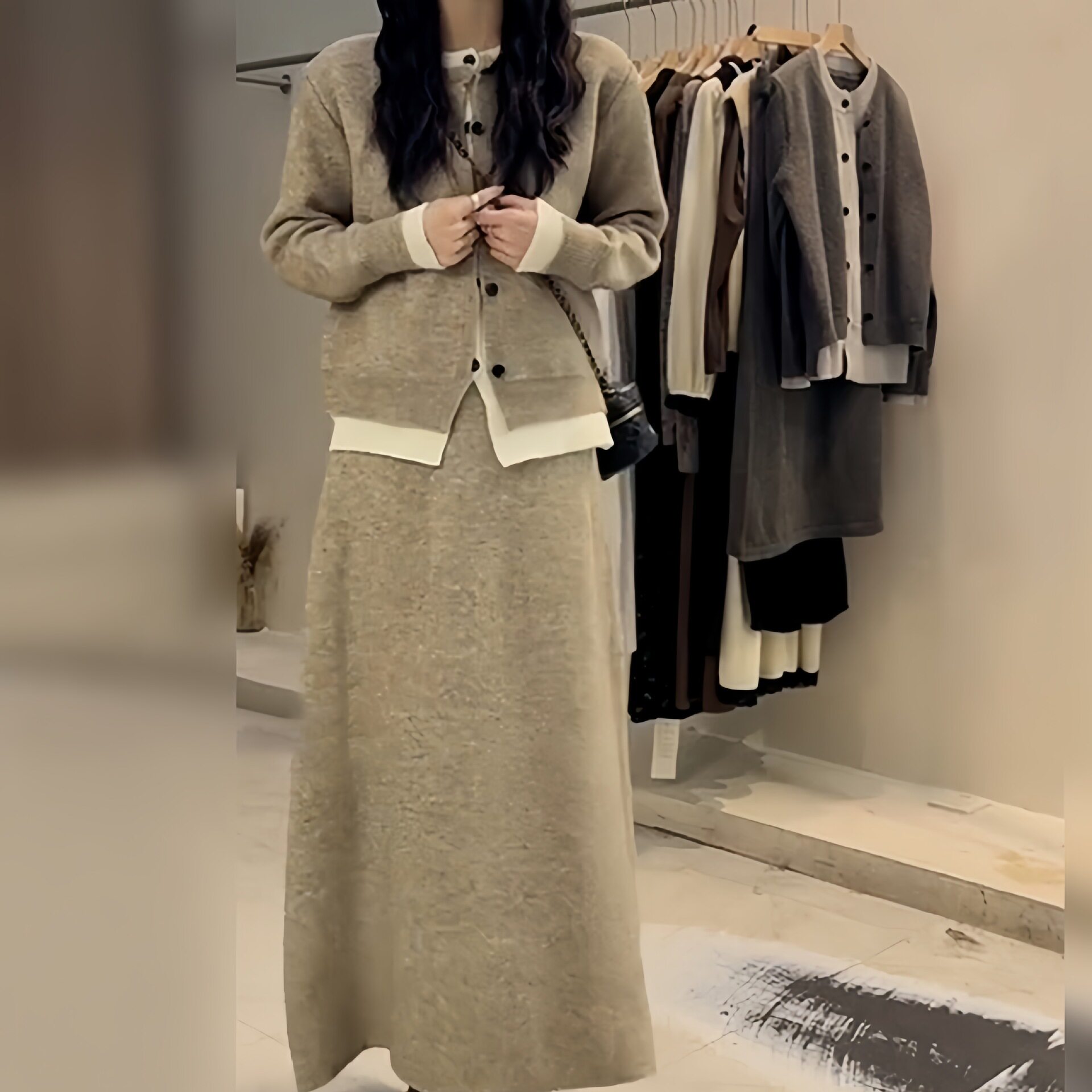 韩版休闲风高级感圆领假两件针织开衫半身长裙套装女秋冬加厚宽松