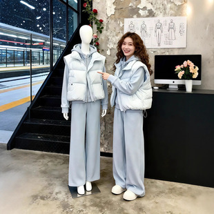 入冬搭配一整套韩系穿搭蓝色卫衣叠穿加厚棉服棉衣阔腿裤三件套女