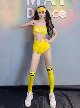新款舞台酒吧DS女歌手气氛GOGO秀派对DJ性感爵士舞演出服黄色套装