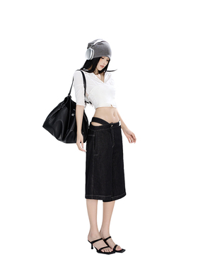 Fanptntox 视觉交错设计感活性黑色牛仔阔腿七分裤宽松直筒中裤子