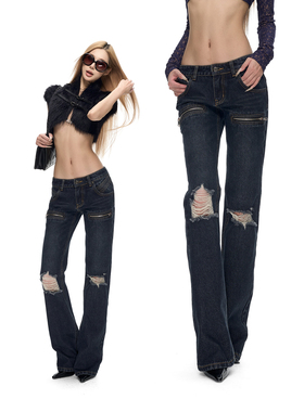 Fanptntox 深蓝色水洗直筒修身低腰牛仔裤女辣妹设计感破洞长裤