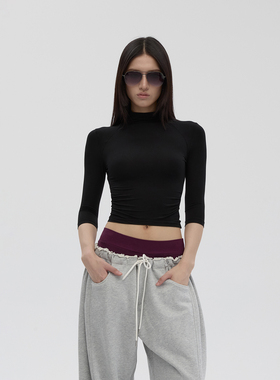 Fanptntox 高智慵懒 极简百搭半高领气质修身弹力中袖T恤纯色上衣