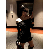 黑色一字肩长袖 连衣裙女秋季 新款 Fanptntox 修身 显瘦包臀裙短裙子