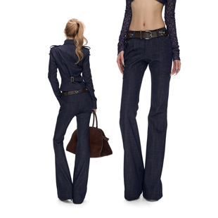 钩扣门襟微喇长裤 女修身 复古水洗藏青色辣妹低腰牛仔裤 Fanptntox