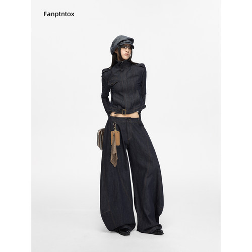 Fanptntox 秋季新款原牛时尚质感复古丹宁立领短款牛仔夹克外套女