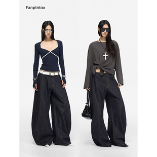 Fanptntox 秋季新款复古原牛宽松廓形阔腿裤撞色明线弯刀牛仔裤子