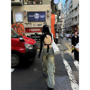 女垫肩露背绑带长袖 Fanptntox背影kill 新款 露腰上衣秋季 针织 美式