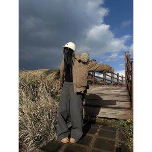 Fanptntox 高智通勤 灰色前口袋刺绣毛呢垂感阔腿裤冬宽松长裤子