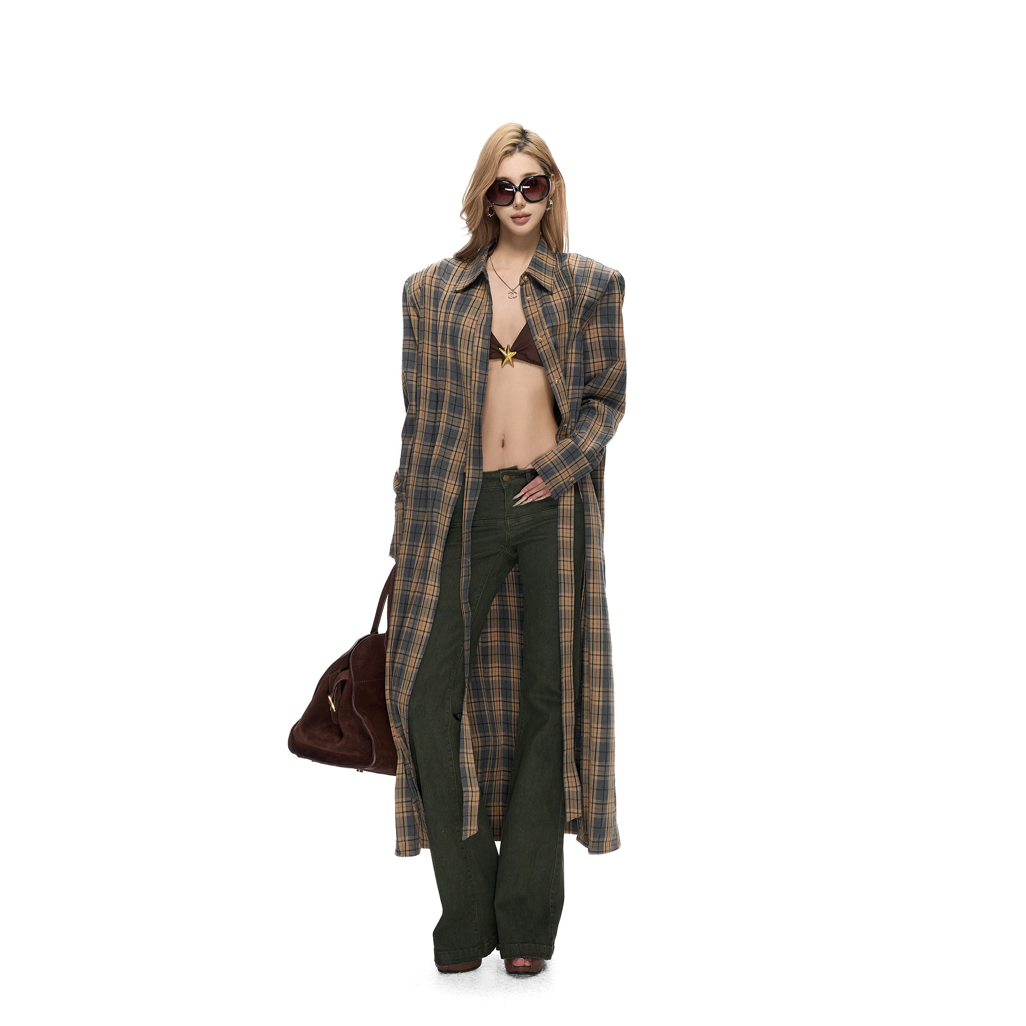 Fanptntox柏林的秋 时髦垫肩廓形格子过膝长衬衫女宽松衬衣外套,女装/女士精品,衬衫,淘宝优惠券,粉丝福利购,淘宝优惠卷