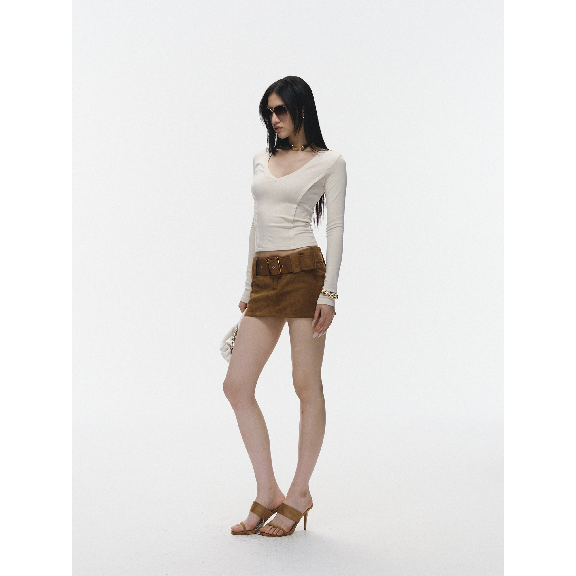 Fanptntox 修身低圆领打底长袖上衣女低腰麂皮绒短裙半身裙套装