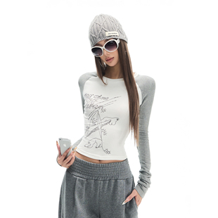 Fanptntox拼色插肩袖长袖打底T恤弹力印花棒球T恤女拼接针织上衣