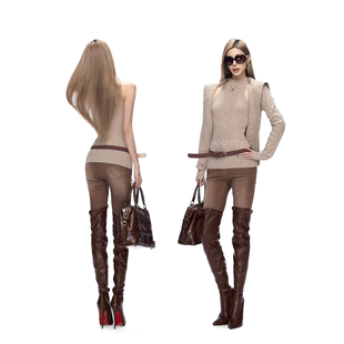 Fanptntox·立体绞花卡其无袖毛衣背心弹力针织修身高领开衫套装