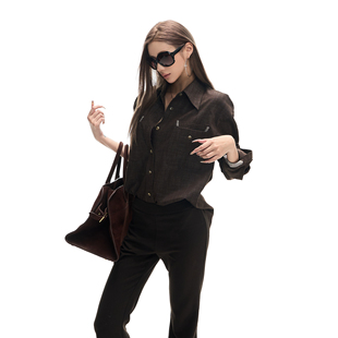 Fanptntox老钱深棕复古宽松无弹长袖上衣莱赛尔垂感肌理衬衫外套