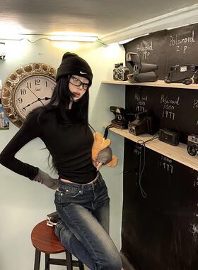 Fanptntox 极简自在 黑色腰边褶皱针织拼接T恤女春季修身显瘦长袖