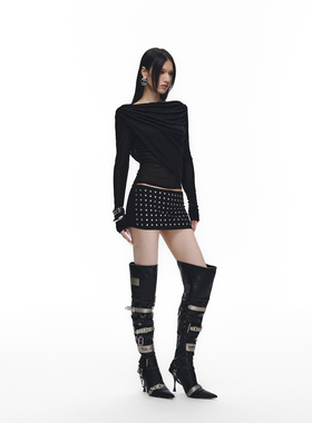 Fanptntox 显瘦黑色两穿针织天丝荡领上衣女烫钻低腰包臀半裙套装