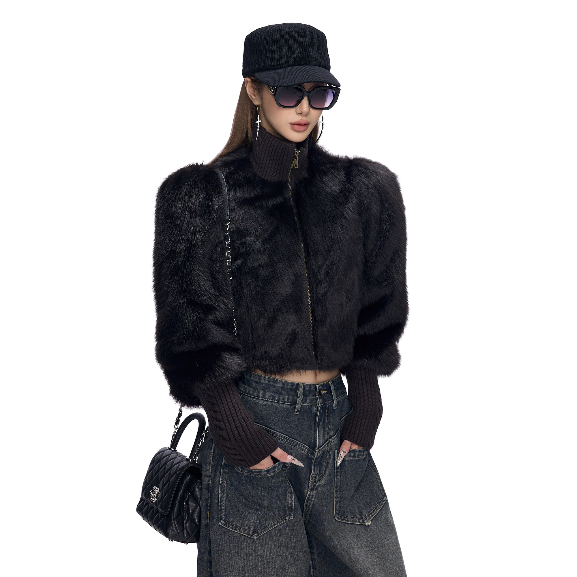 Fanptntox·立领针织螺纹拼接袖口设计感毛毛外套女短款保暖上衣,女装/女士精品,短外套,淘宝优惠券,粉丝福利购,淘宝优惠卷