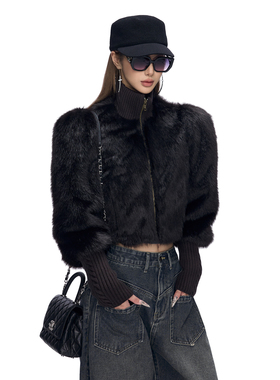 Fanptntox·立领针织螺纹拼接袖口设计感毛毛外套女短款保暖上衣