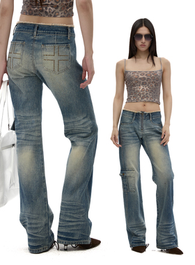 Fanptntox 复古街头低腰毛边水洗辣妹长裤蓝色直筒工装宽松牛仔裤