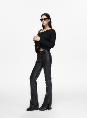 Fanptntox 休闲低腰黑色修身直筒裤女设计感腰头弹力显瘦PU皮裤子