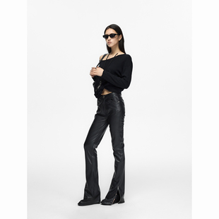 Fanptntox 休闲低腰黑色修身直筒裤女设计感腰头弹力显瘦PU皮裤子