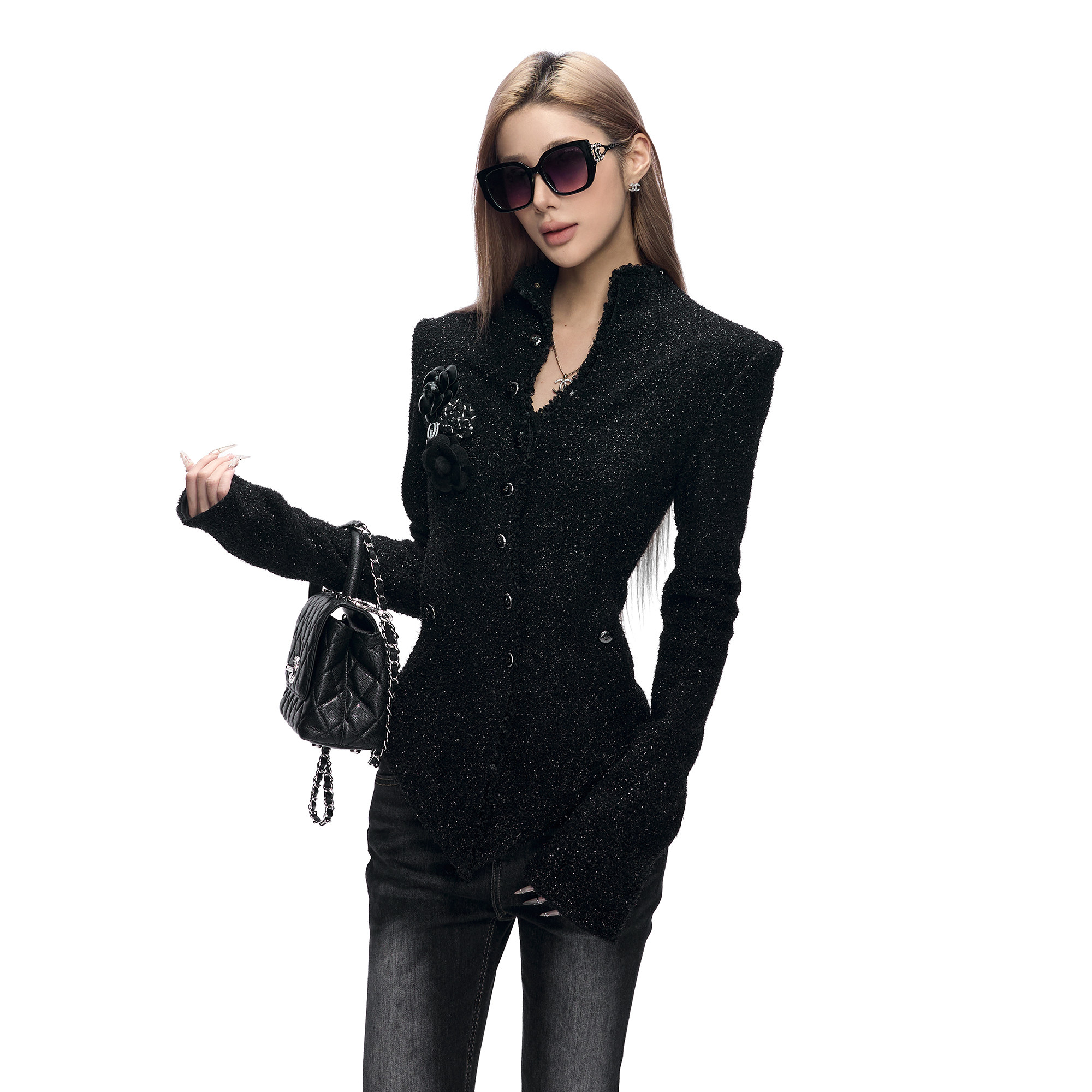 Fanptntox·黑色垫肩立领上衣修身收腰细闪羊毛小香风外套女,女装/女士精品,短外套,淘宝优惠券,粉丝福利购,淘宝优惠卷