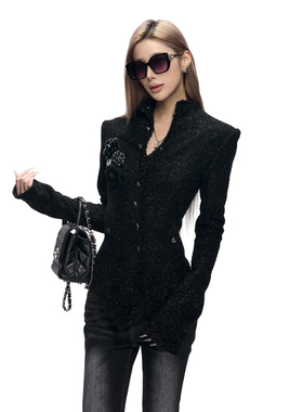 Fanptntox·黑色垫肩立领上衣修身收腰细闪羊毛小香风外套女