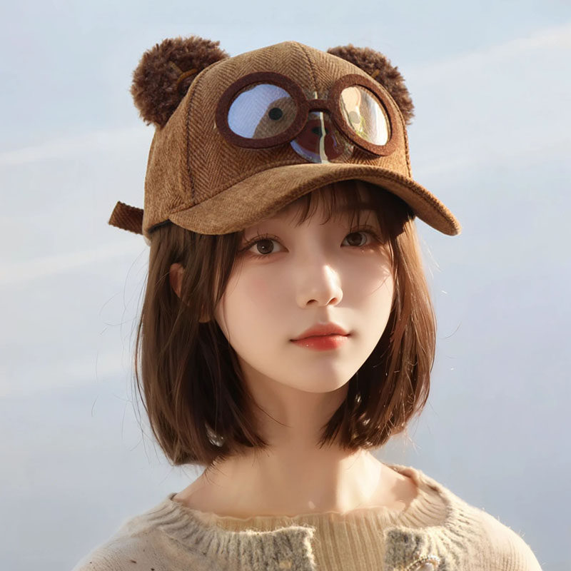 2025秋冬毛呢料可爱眼镜小熊帽子女秋冬猫耳朵棒球帽女保暖鸭舌帽