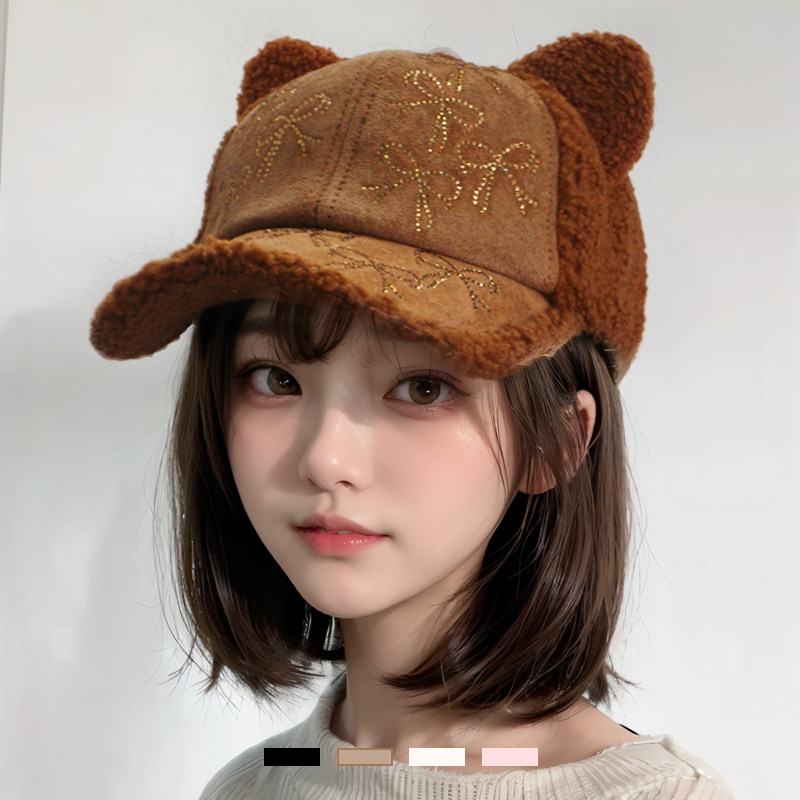 羔毛小熊耳朵帽子女秋冬