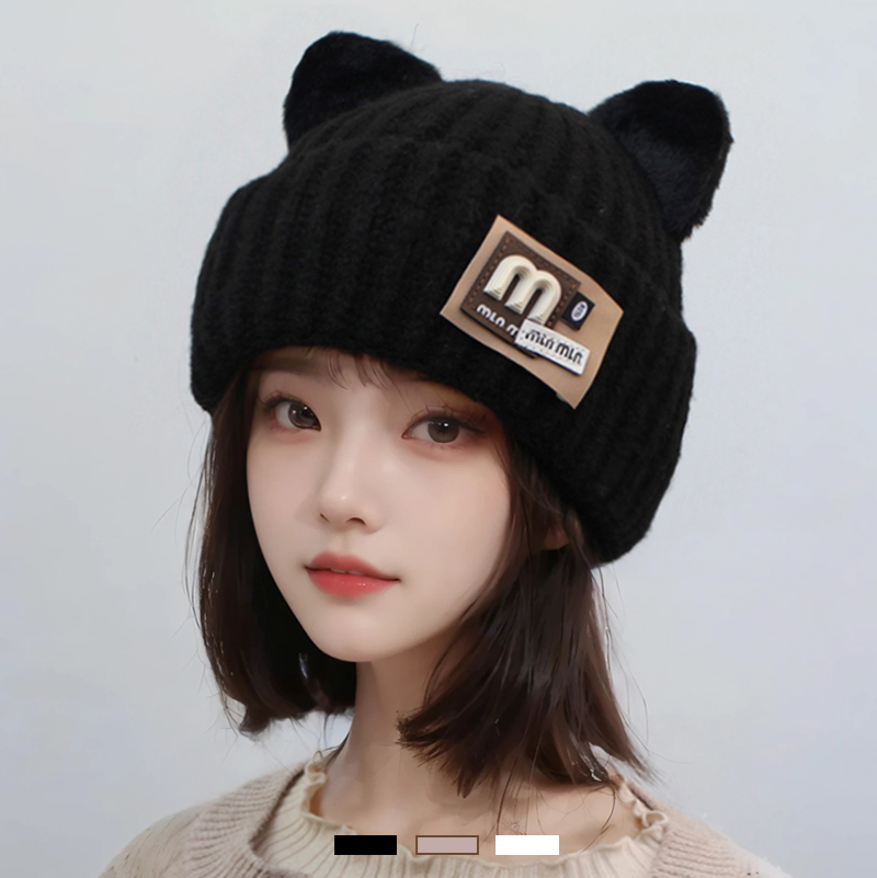 韩国新款保暖甜美毛绒小熊毛线帽女猫耳针织帽子女秋冬季护耳冷帽