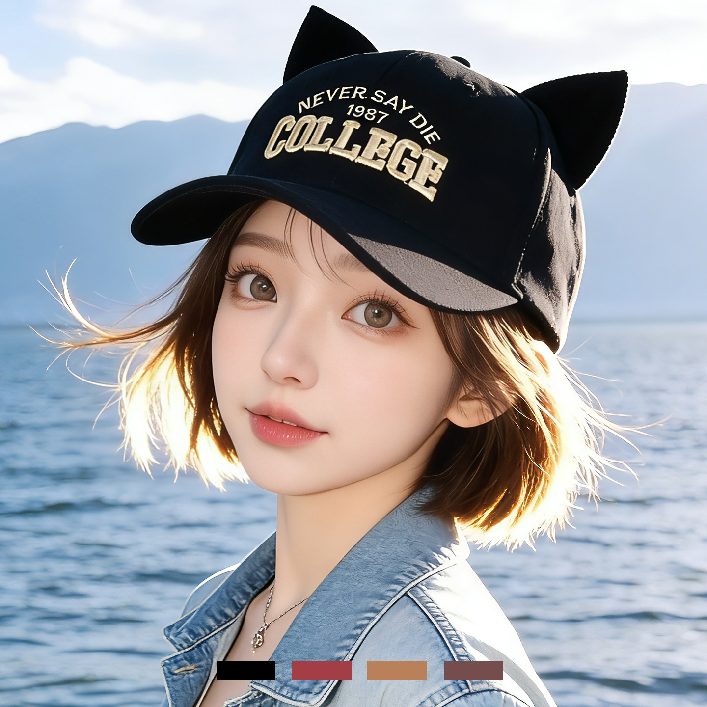 韩国时尚可爱带猫耳朵棒球帽鸭舌帽子女春秋夏季韩版刺绣圆顶帽潮