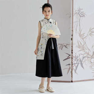 女童中国风套装 中大童新中式 洋气亲子装 夏装 旗袍女孩水墨画两件套