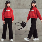 亲子2026韩版 洋气冬装 高领保暖卫衣女童加绒两件套 套装 儿童阔腿裤