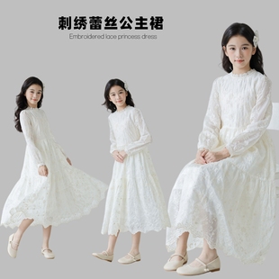 女童连衣裙秋冬新款超好看蕾丝仙女裙初中生过膝长裙中大童公主裙