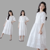 儿童夏装 2026洋气纯棉中大童亲子装 公主裙 新款 女童白色连衣裙春季