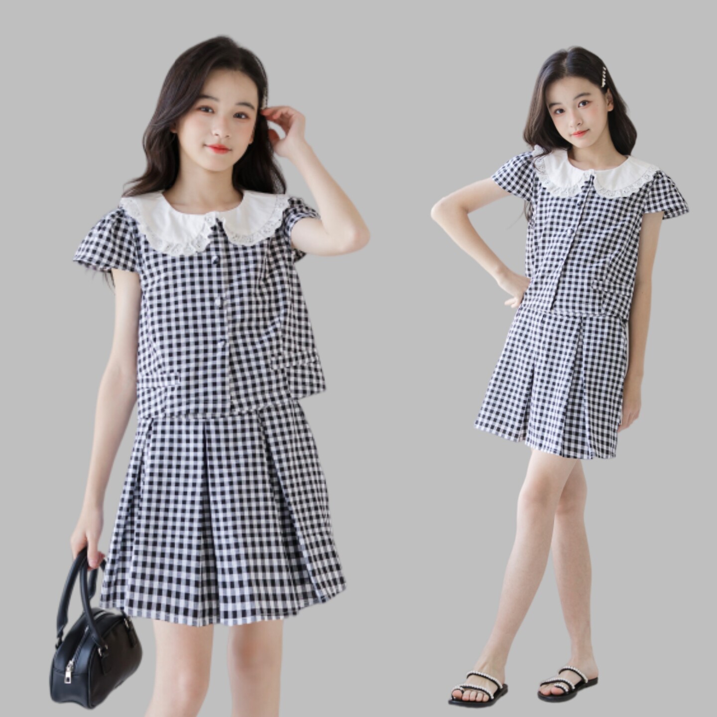女童夏套装2026新款娃娃领衬衫+裙裤母女装中大童洋气格子两件套