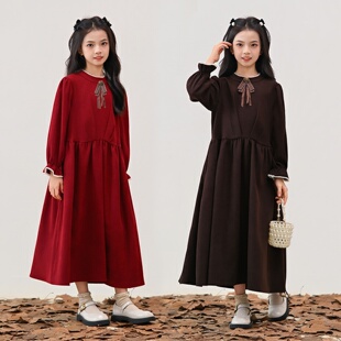 初中生连衣裙女童红色公主裙秋冬款洋气母女装中大童宽松加绒长裙
