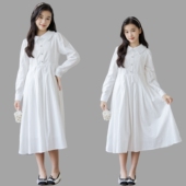 女童连衣裙秋季 中大童学院风公主裙 白色超好看纯棉裙子洋气亲子装