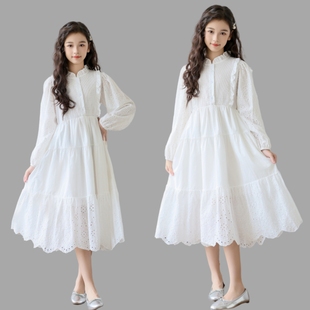 韩版童装女童连衣裙2026秋新款中大童白色蕾丝裙子女孩生日公主裙