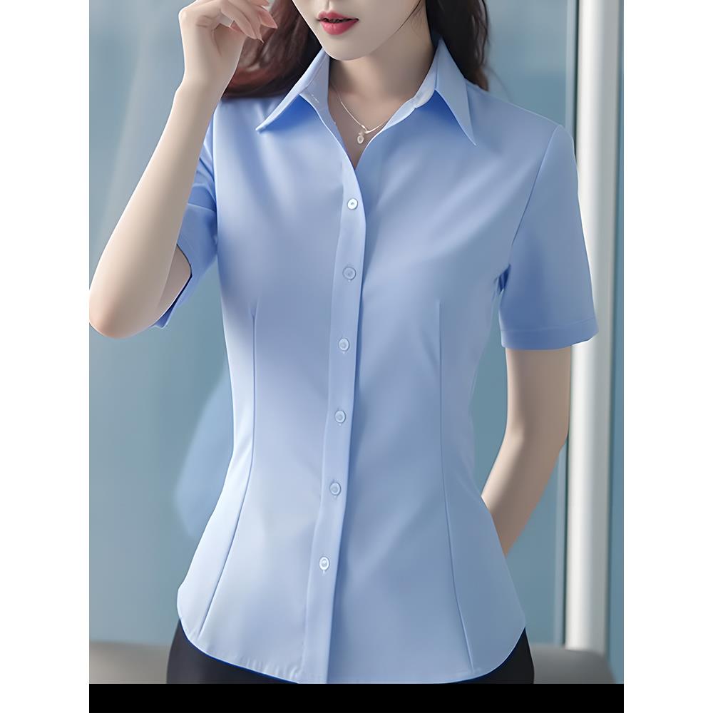 蓝色职业衬衫女高级感2024新款夏季气质白衬衣酒店前台工作服夏天图片