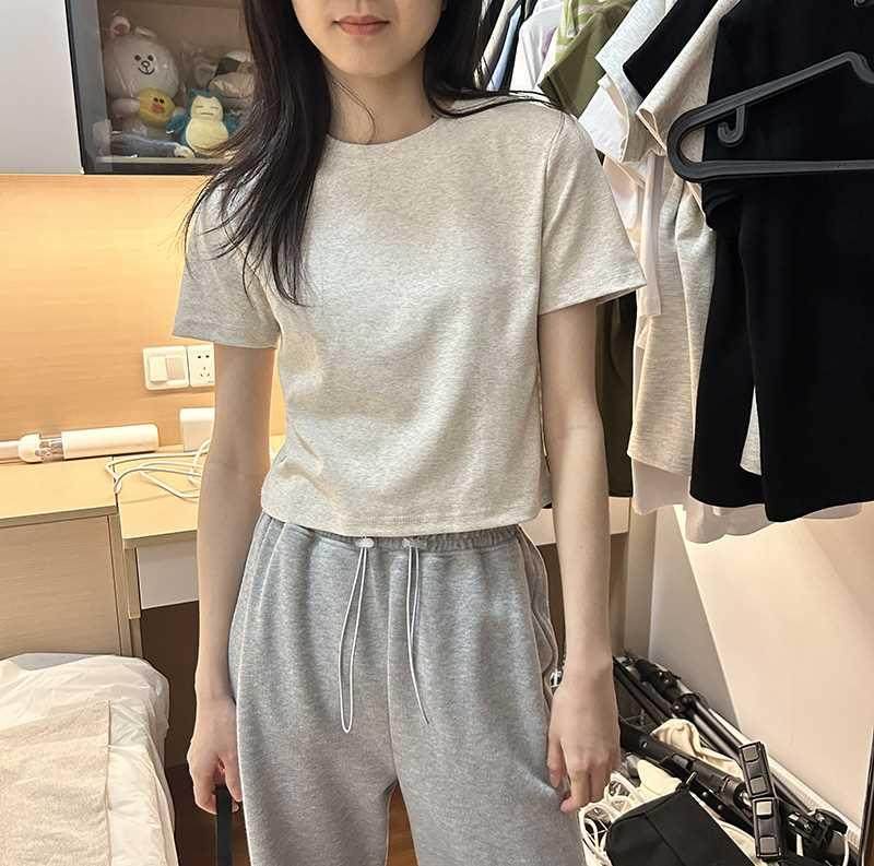 灰短款露脐短袖恤女20纯3hlk夏新款色简约纯2棉正肩圆色领高腰上