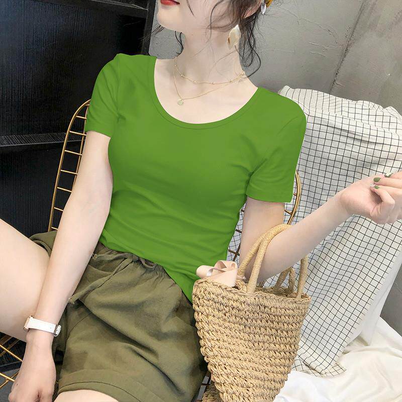 果绿色圆领短袖夏季新款韩版修身显瘦T恤女纯棉时尚半袖上衣ins潮