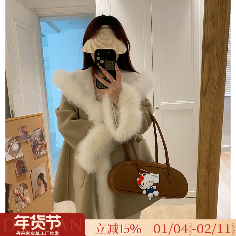 特价两面穿狐狸毛领全羊毛双面呢秋冬新款海军领中长款毛呢外套女