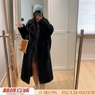 泰迪熊仿天鹅绒貂皮大衣西装领长款水貂绒环保皮草女冬季毛毛外套