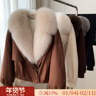 狐狸毛皮草外套女宽松短款2025冬季新款麂皮绒90鹅绒羽绒服年轻款