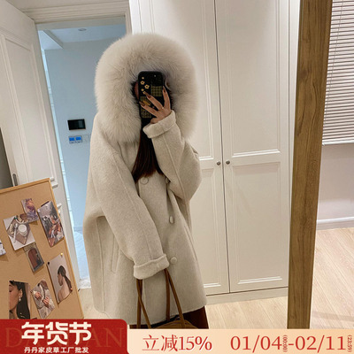 双面羊毛大衣狐狸毛领皮草连帽
