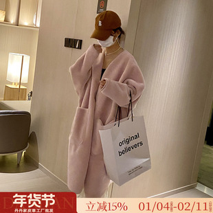 细腻羊羔毛2025冬款韩版加长款宽松廓形开衫羊剪绒大衣皮草外套女