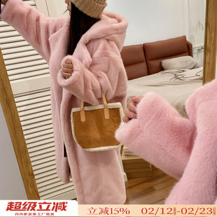 泰迪熊仿天鹅绒貂皮大衣韩版连帽长款水貂绒环保皮草女冬毛毛外套