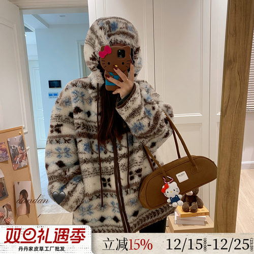 费尔岛100%真羊羔毛皮毛一体外套