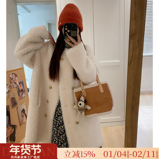 羔毛皮毛一体大衣幼崽绵羊毛双排扣半立领长款皮草女冬季毛毛外套