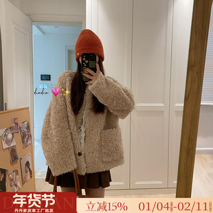 小羊咩咩！宽松慵懒短款毛毛外套女冬休闲上衣羊羔毛皮毛一体皮草